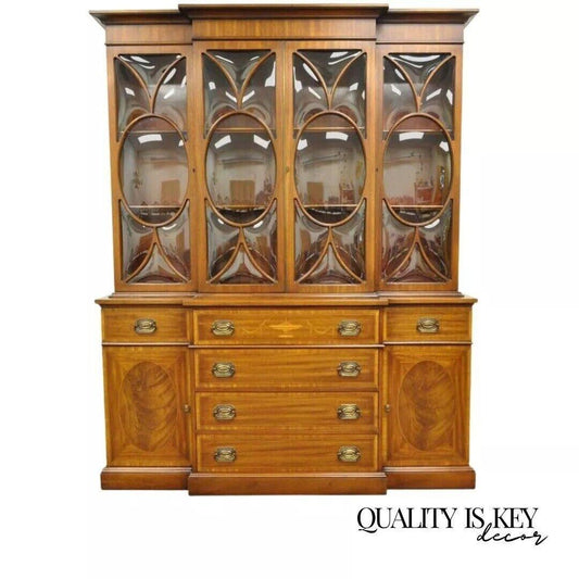 Georgian Style Mahogany Satinwood Inlay Breakfront Bookcase Bubble Glass Cabinet