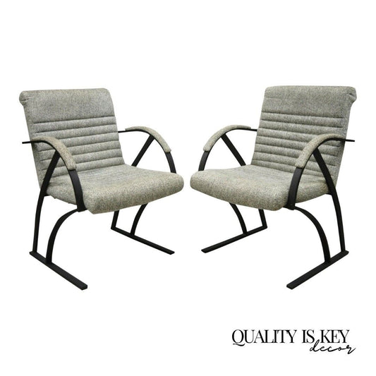 Mid Century Cal-Style Furniture Art Deco Metal Frame Lounge Arm Chairs A - Pair