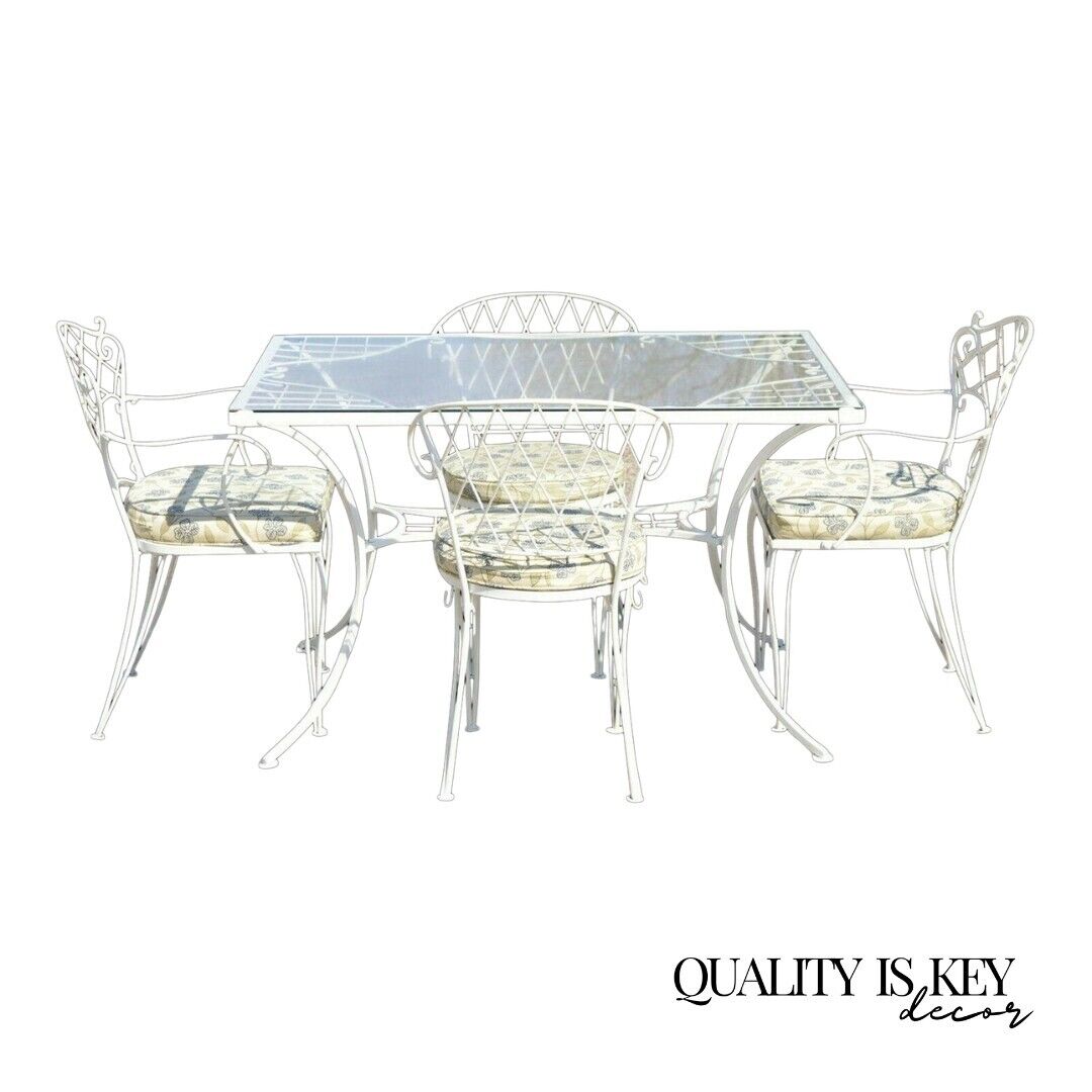 French Victorian Style White Wrought Iron Lattice Garden Patio Dining Set - 5 Pc