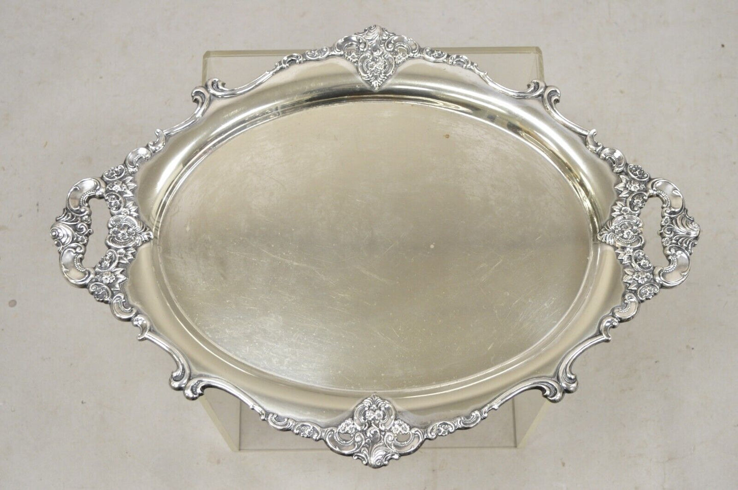 Vintage Miyata English Victorian Silver Plated Oval Floral Repousse Platter Tray