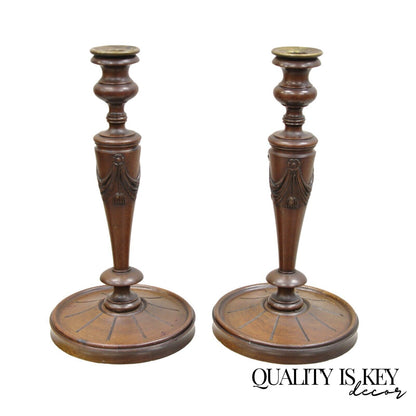 Antique English Edwardian Carved Mahogany Draped Single Candle Stick - Pair