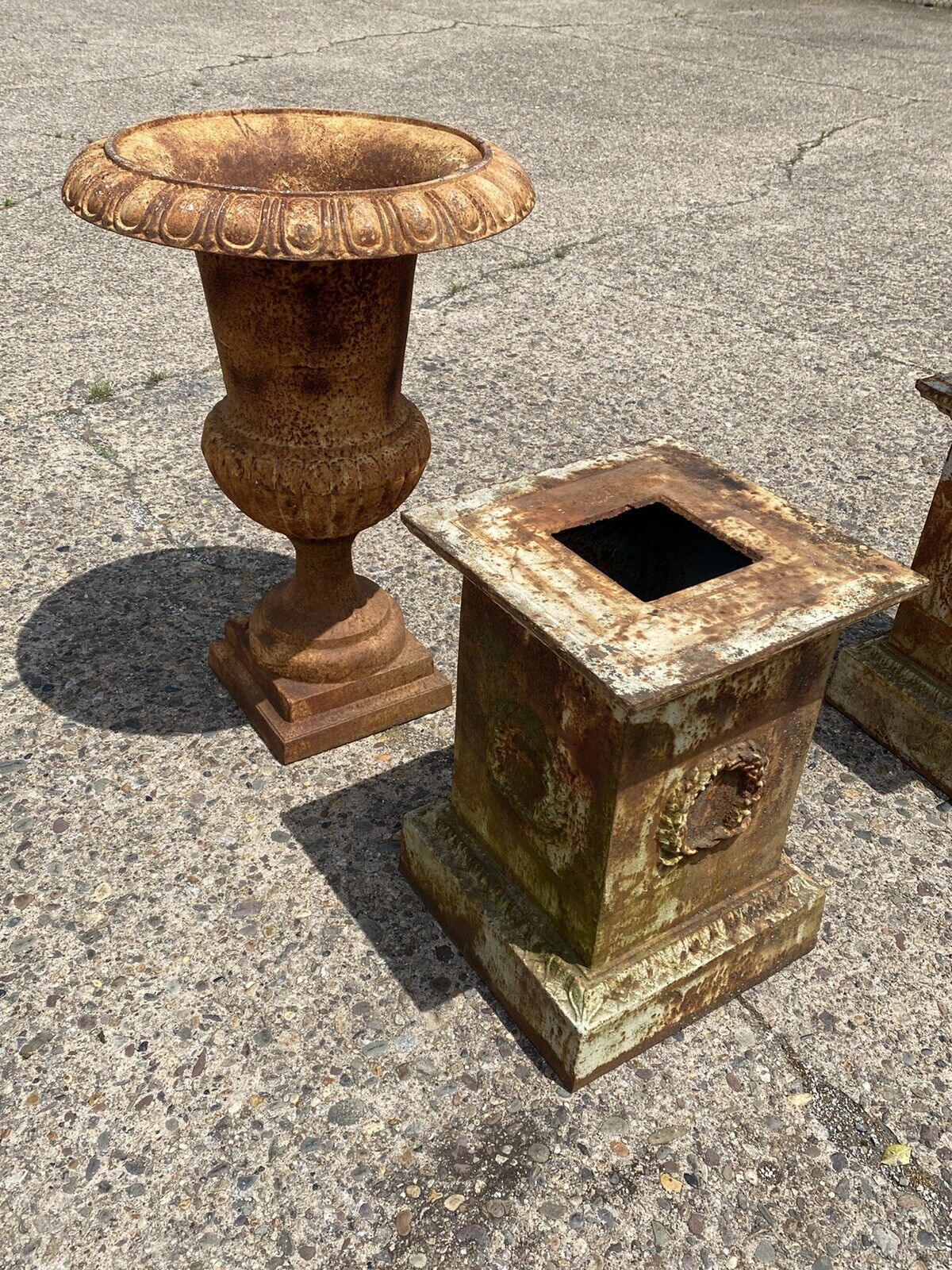 Large 62" Tall Cast Iron Campana Urn Outdoor Garden Planters on Base - a Pair