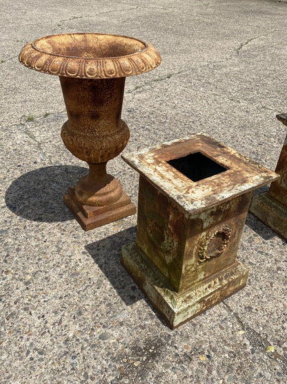 Large 62" Tall Cast Iron Campana Urn Outdoor Garden Planters on Base - a Pair