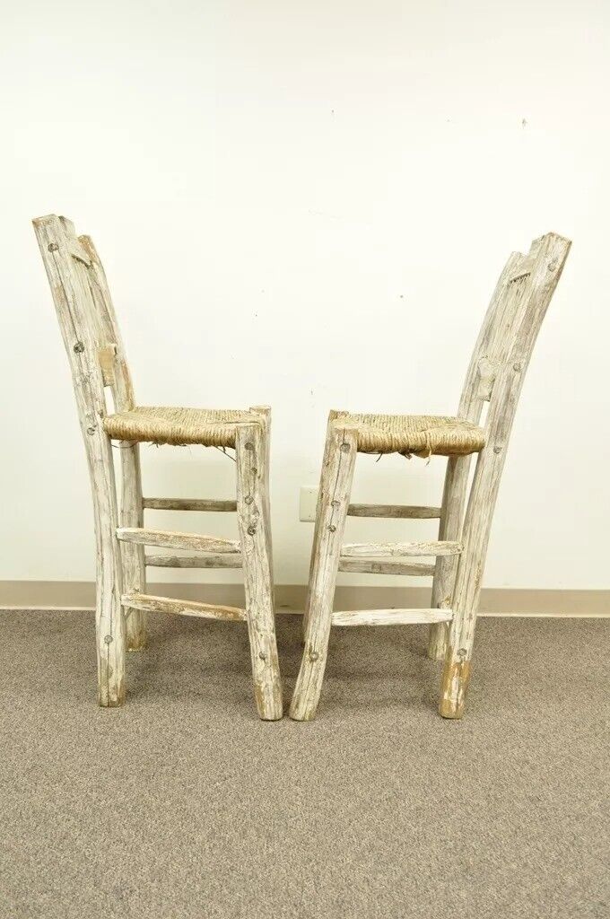 Hickory Style Rustic Log Cabin Wood Woven Rush Seat Bar Stools Chairs - a Pair