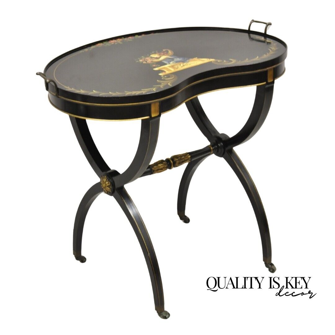 Vintage Imperial Furniture Regency Black Hand Painted Curule Kidney Side Table