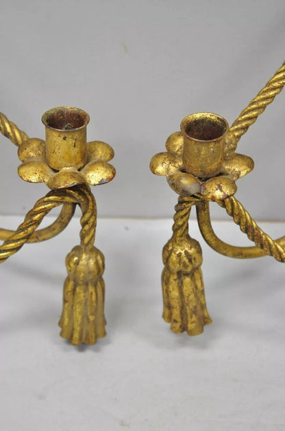 Italian Hollywood Regency Gold Gilt Rope Tassel Candle Holder Wall Sconce - Pair