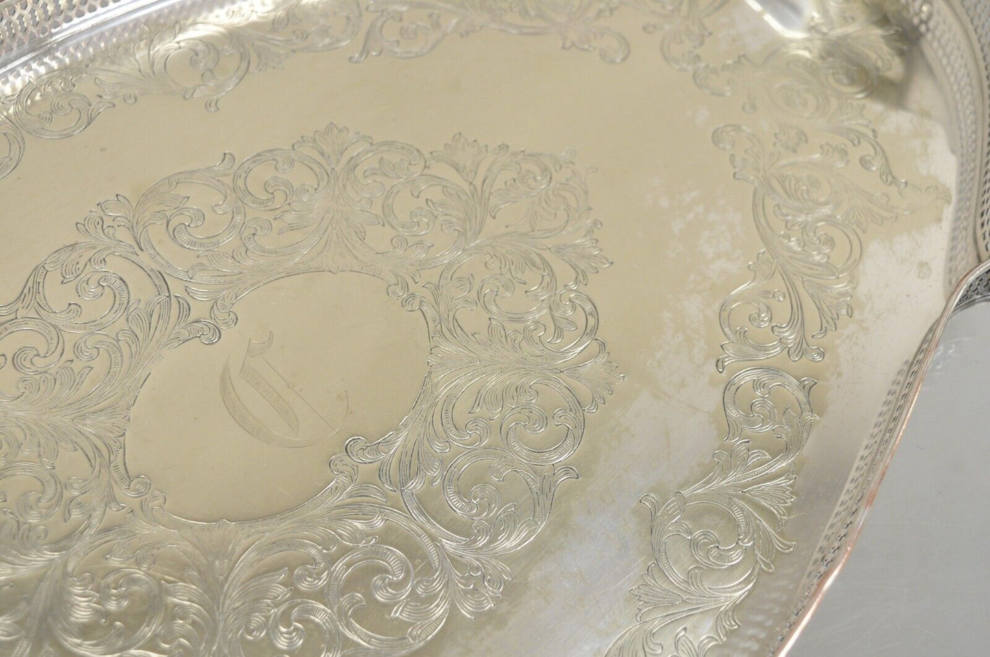 Vintage English LBS Co 982 Silver Plated Scalloped Oval Pierced Gallery Tray