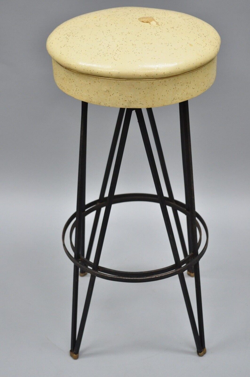 Vintage Wrought Iron Metal Hairpin Leg Atomic Era Swivel Bar Stool Yellow Seat