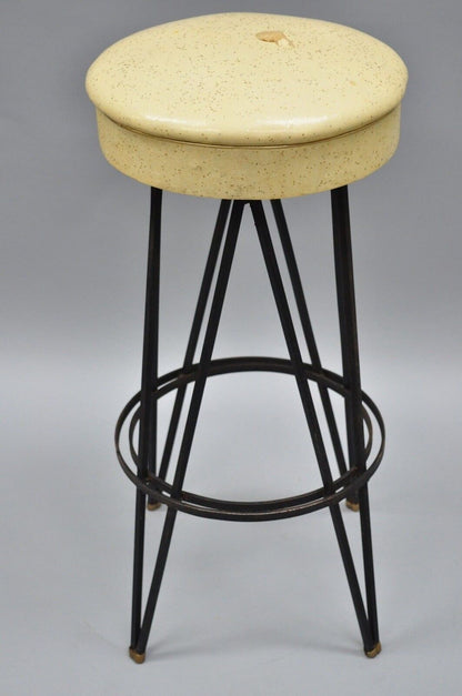 Vintage Wrought Iron Metal Hairpin Leg Atomic Era Swivel Bar Stool Yellow Seat