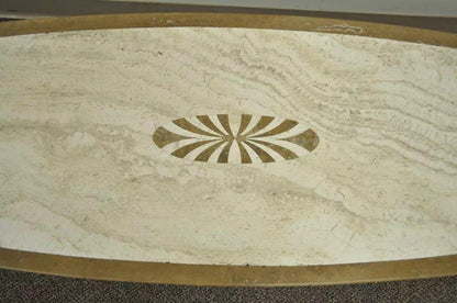 Italian Hollywood Regency Travertine & Brass Long Oval Surfboard Coffee Table