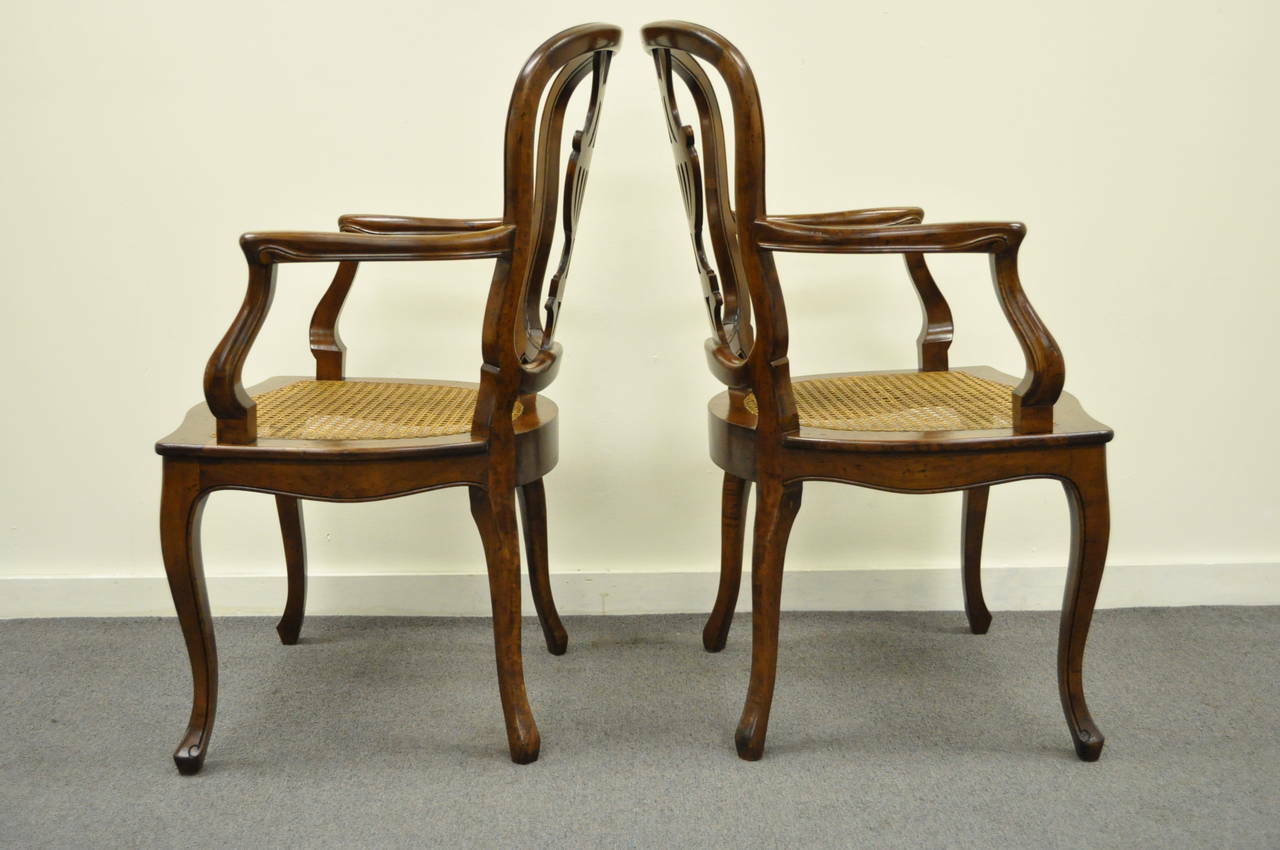 Vintage Italian Venetian Style Cherry Wood Cane Seat Arm Chairs - a Pair