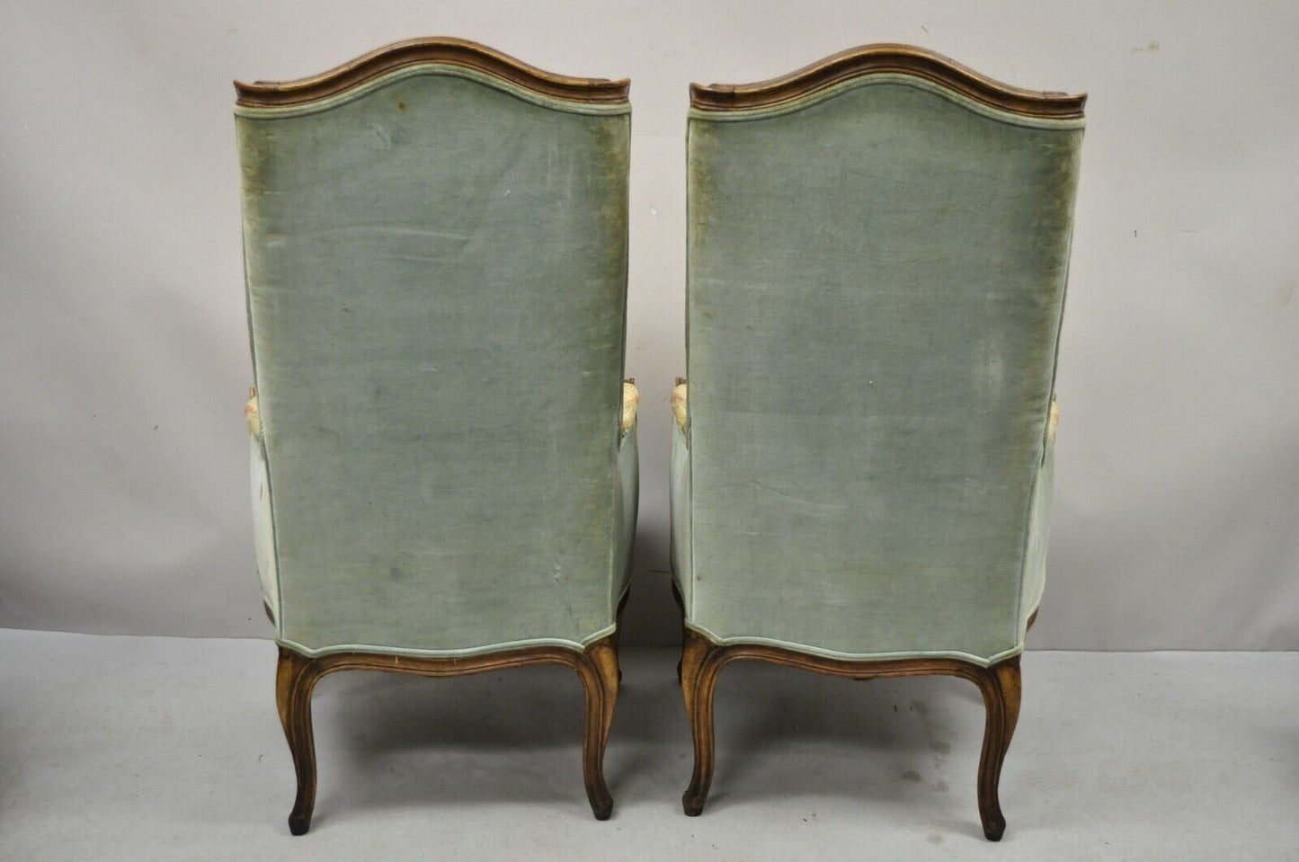 French Provincial Louis XV Country Narrow Tall Back Lounge Chairs (A) - a Pair