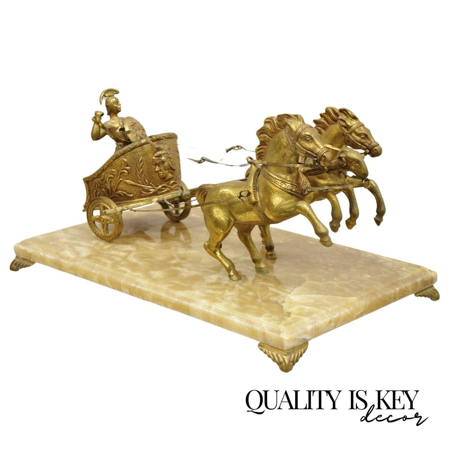 Vintage Gold Gilt Metal Roman Horse Drawn Chariot Sculpture on Marble Base