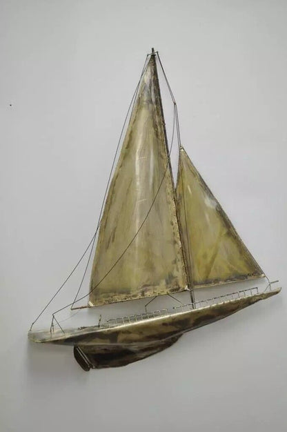 RaMan Brutalist Mid Century Modern Jere Style Brass Clipper Ship Wall Sculpture