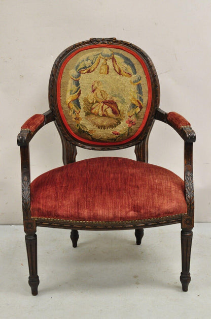 Antique French Louis XVI Style Carved Walnut Needlepoint Red Fauteuil Arm Chair