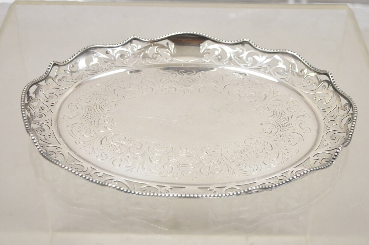 Antique Victorian Silver Plated Reticulated Scroll Gallery Small Oval Tray