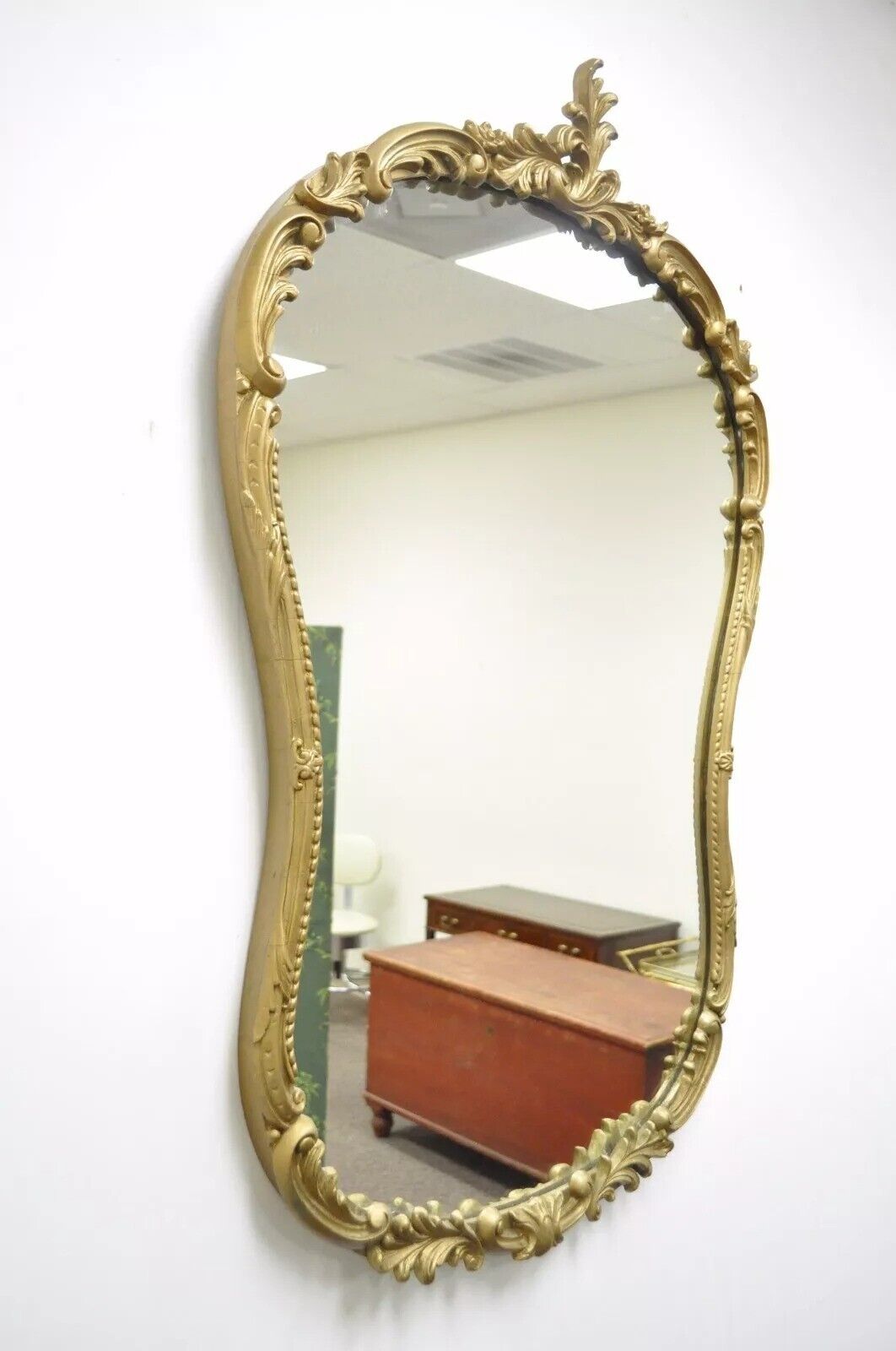 Antique French Rococo Style Gold Gilt Wood & Gesso Leafy Scroll Wall Mirror