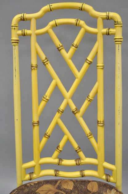 Yellow Hollywood Regency Metal Faux Bamboo Dining Chair Vtg Chinese Chippendale