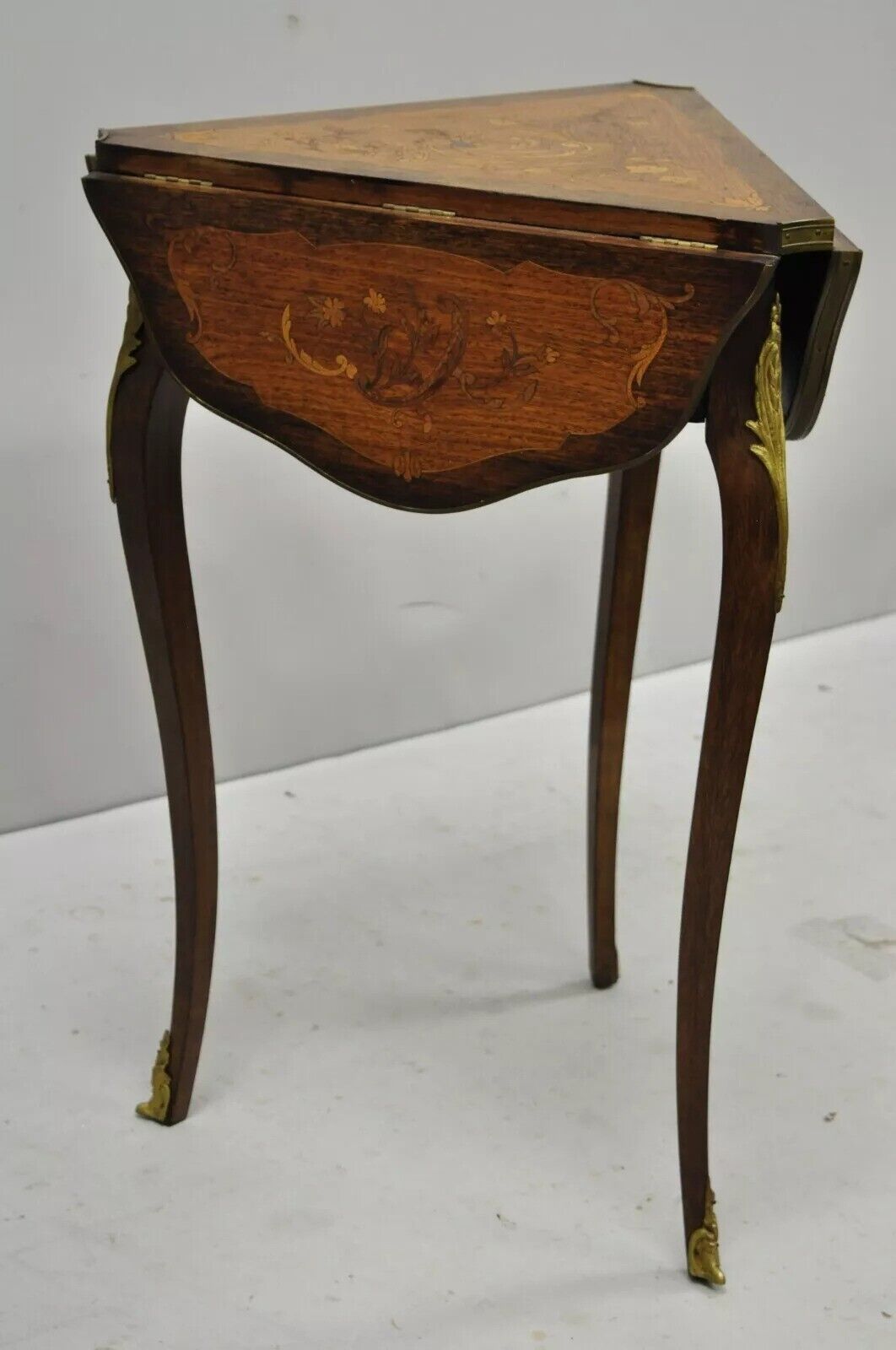 French Louis XV Satinwood Inlay Triple Drop Leaf Side Table with Bronze Ormolu