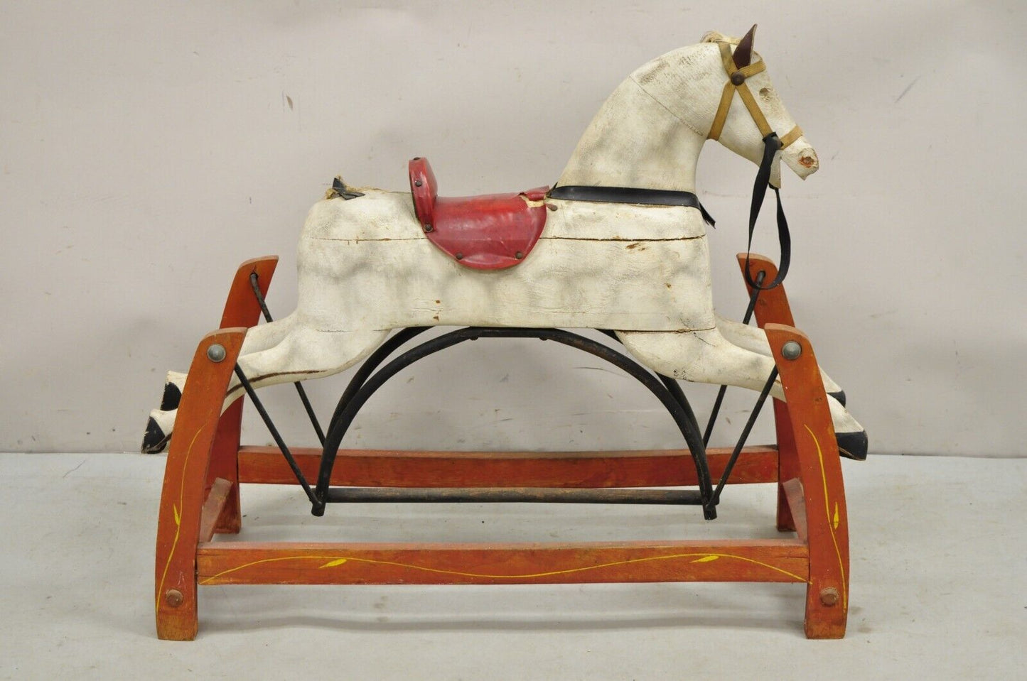 Antique Victorian Rocking Horse Glider Childs Toy Carved Wood White Red Painted