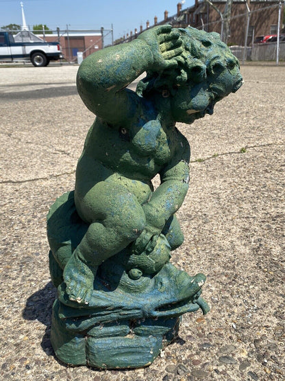 Vintage Italian Neoclassical Cement Cherub and Dolphin Garden Water Fountain