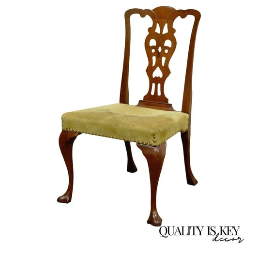 Antique Chippendale Queen Anne Style Mahogany Dining Side Chair with Suede Seat
