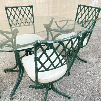 Vintage Hollywood Regency Faux Bamboo Lattice Metal Green Dining Set - 5 Pc Set