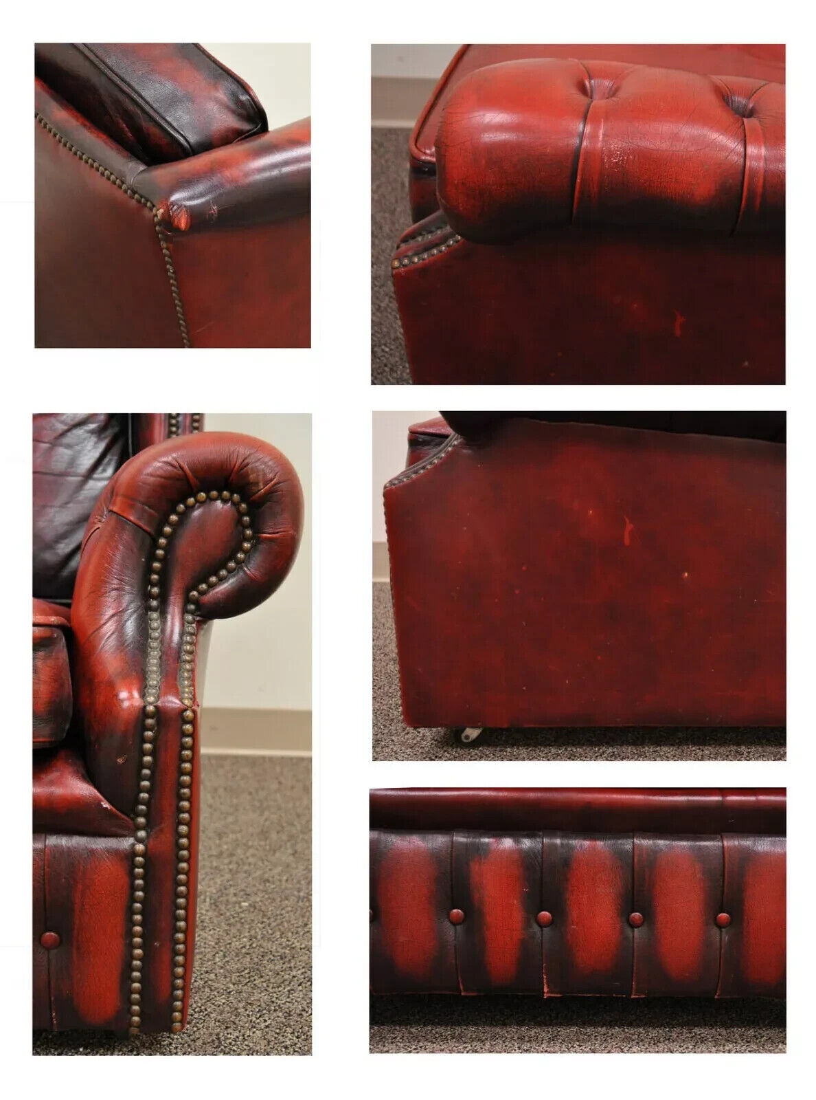 Vintage English Chesterfield Style Rolled Arm Red Leather Club Lounge Chair