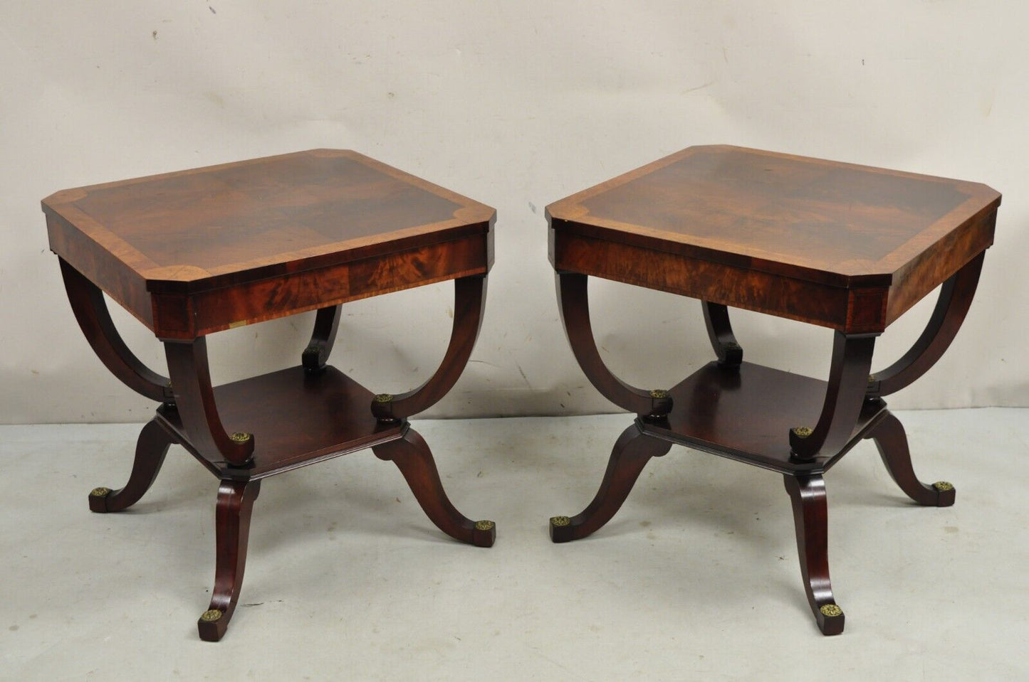 Vintage Regency Style Flamed Mahogany 2 Tier Square End Tables - a Pair