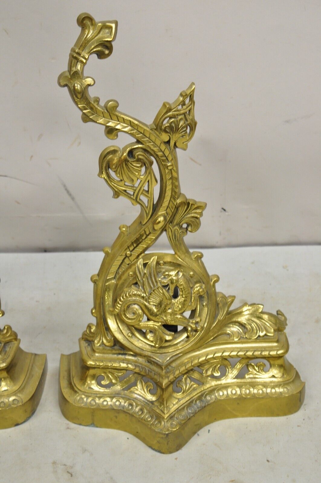 Vintage French Baroque Style Brass Figural Andirons with Dragon Griffins - Pair