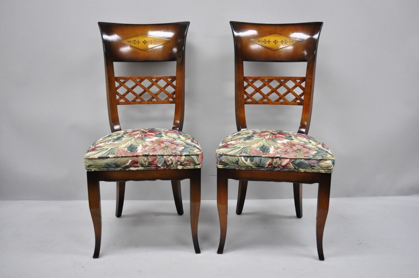 Italian Neoclassical Style High Back Brass Inlay Dining Side Chairs - Set of 8