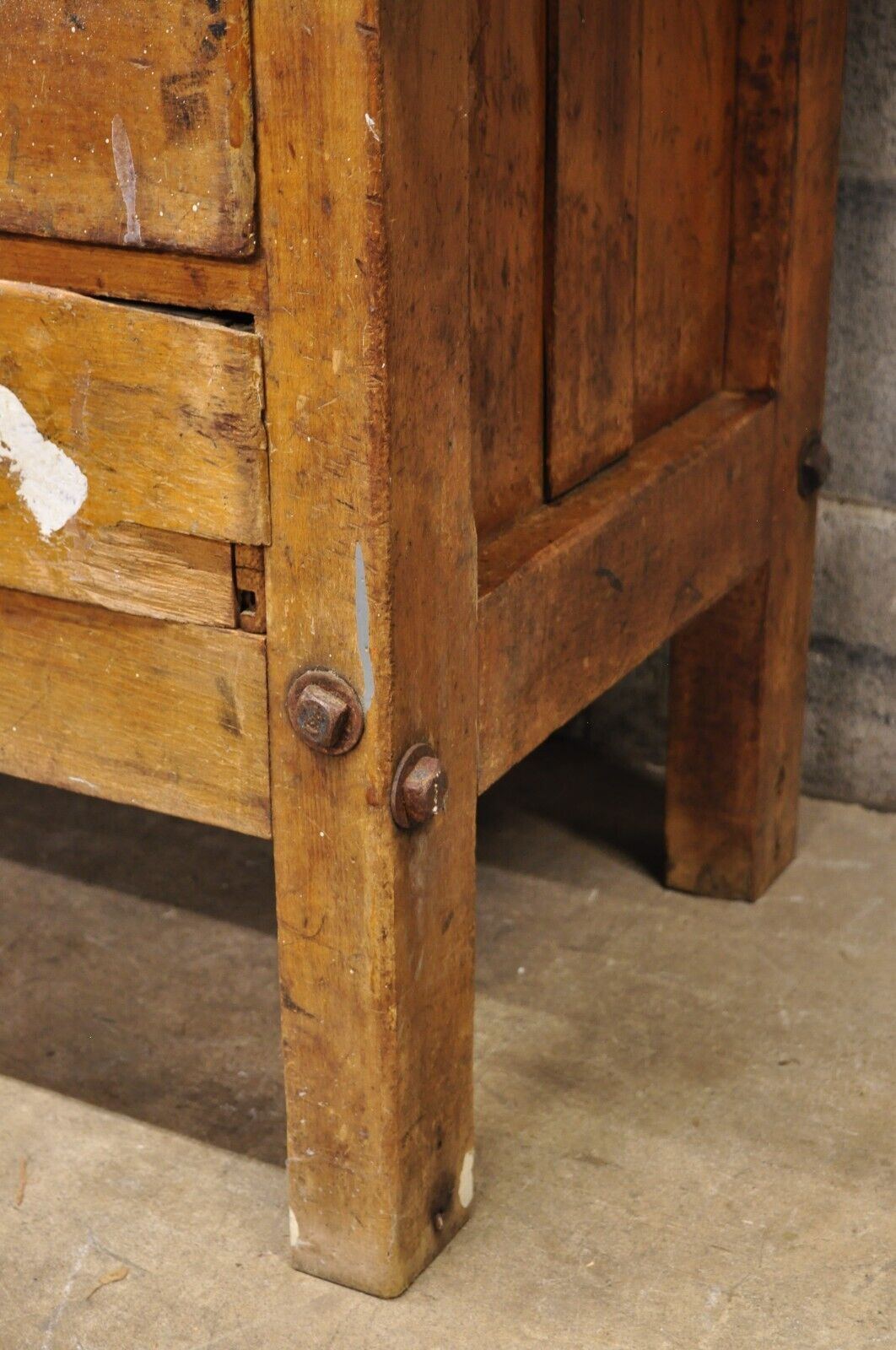 Antique American Industrial Wood Plank Distress Paint Splatter Work Bench Table