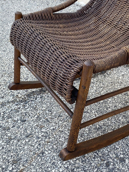 Antique Wicker and Rattan Wooden Victorian Rocking Chair Rocker