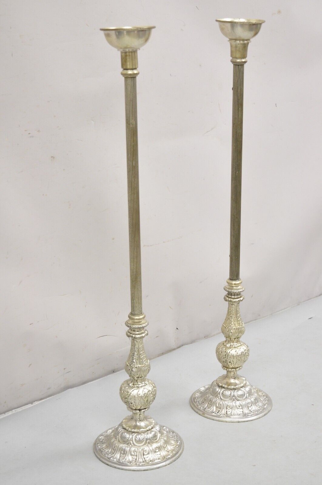 Vtg 43" Tall Baroque Style Silver Plated Collapsible Floor Candlesticks in Box