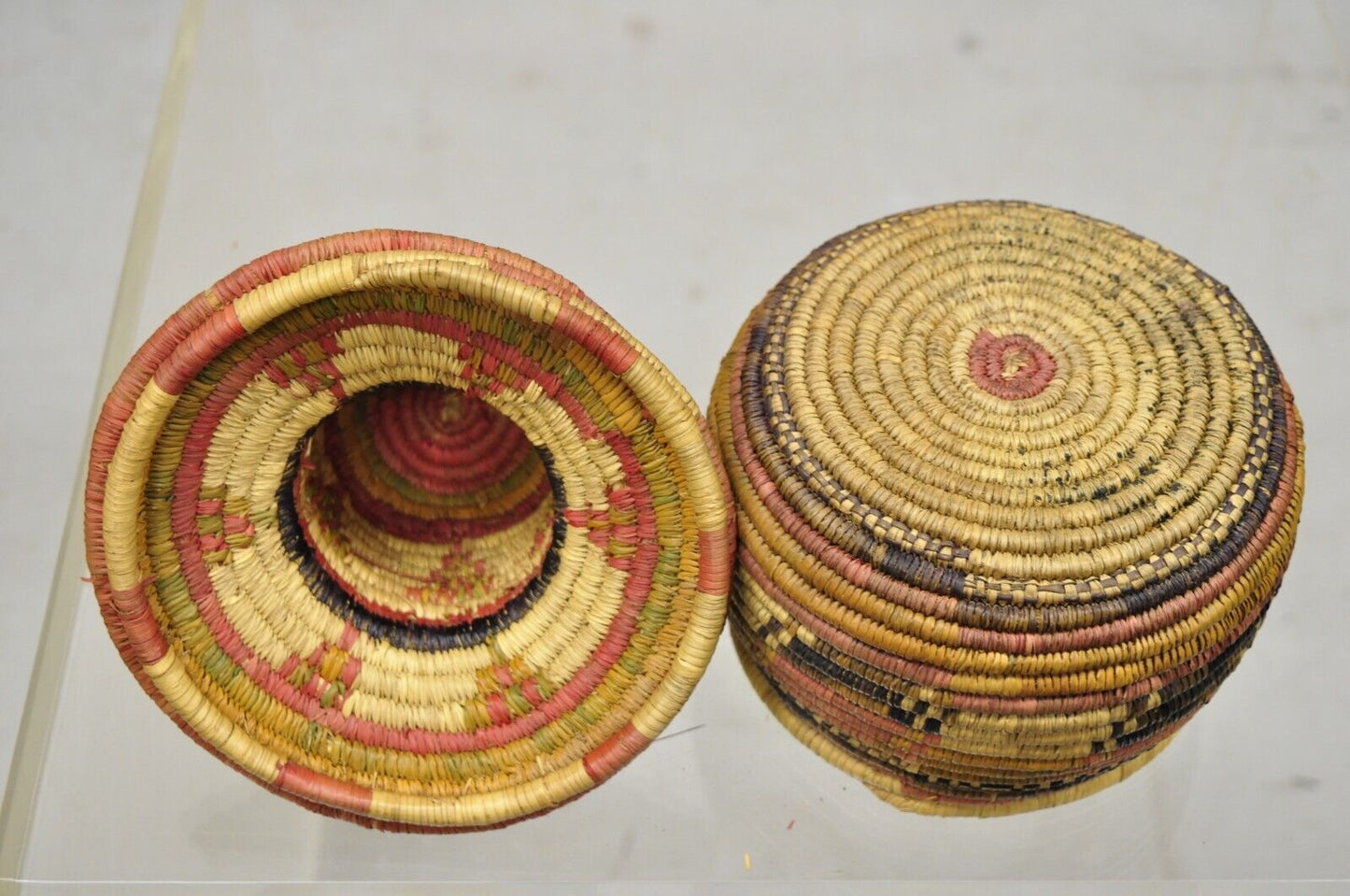 Vintage Nigerian African Tribal Hausa Woven Orange Basket with Dome Lid