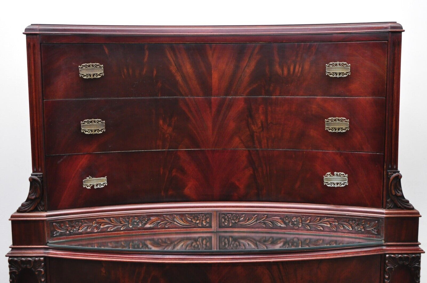 Vtg Chinese Chippendale Flame Mahogany Bowed Front Tall Chest on Chest Dresser