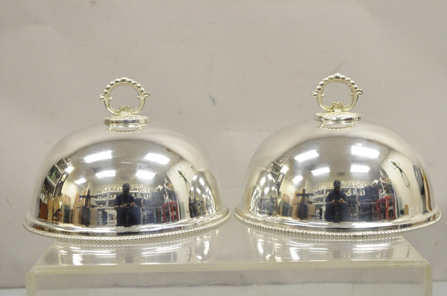 Vintage English Edwardian Style Silver Plated 10" Round Serving Dish Cover Pair