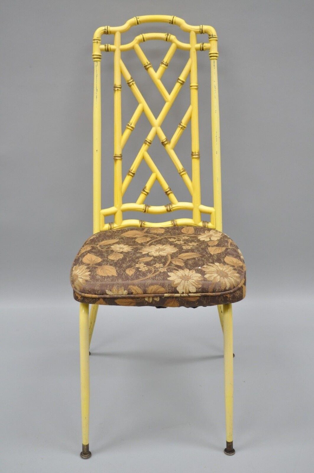 Yellow Hollywood Regency Metal Faux Bamboo Dining Chair Vtg Chinese Chippendale