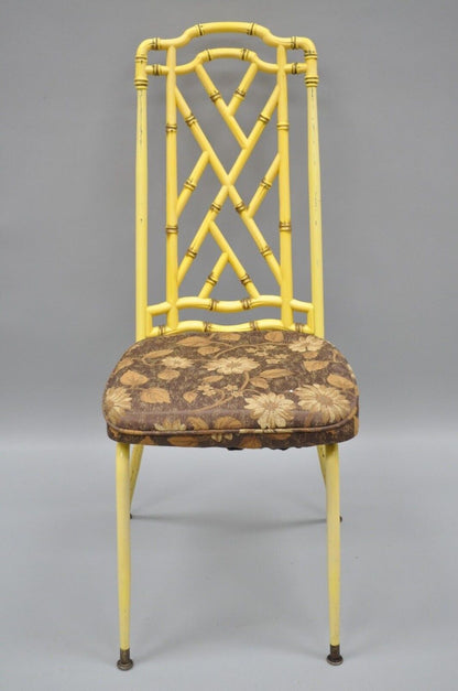 Yellow Hollywood Regency Metal Faux Bamboo Dining Chair Vtg Chinese Chippendale