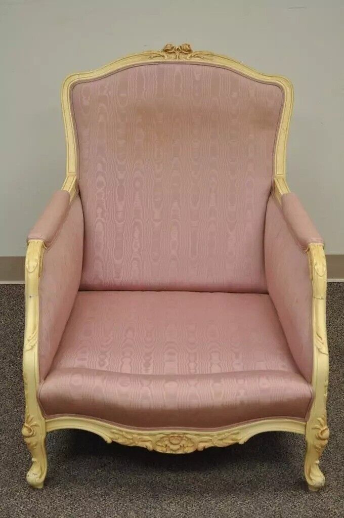 Vintage French Hollywood Regency Style Cream Carved Parlor Fireside Lounge Chair