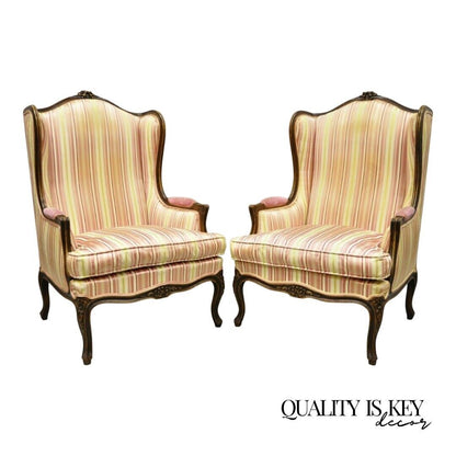 Vintage W & J Sloane French Louis XV Style Wingback Lounge Arm Chairs - a Pair