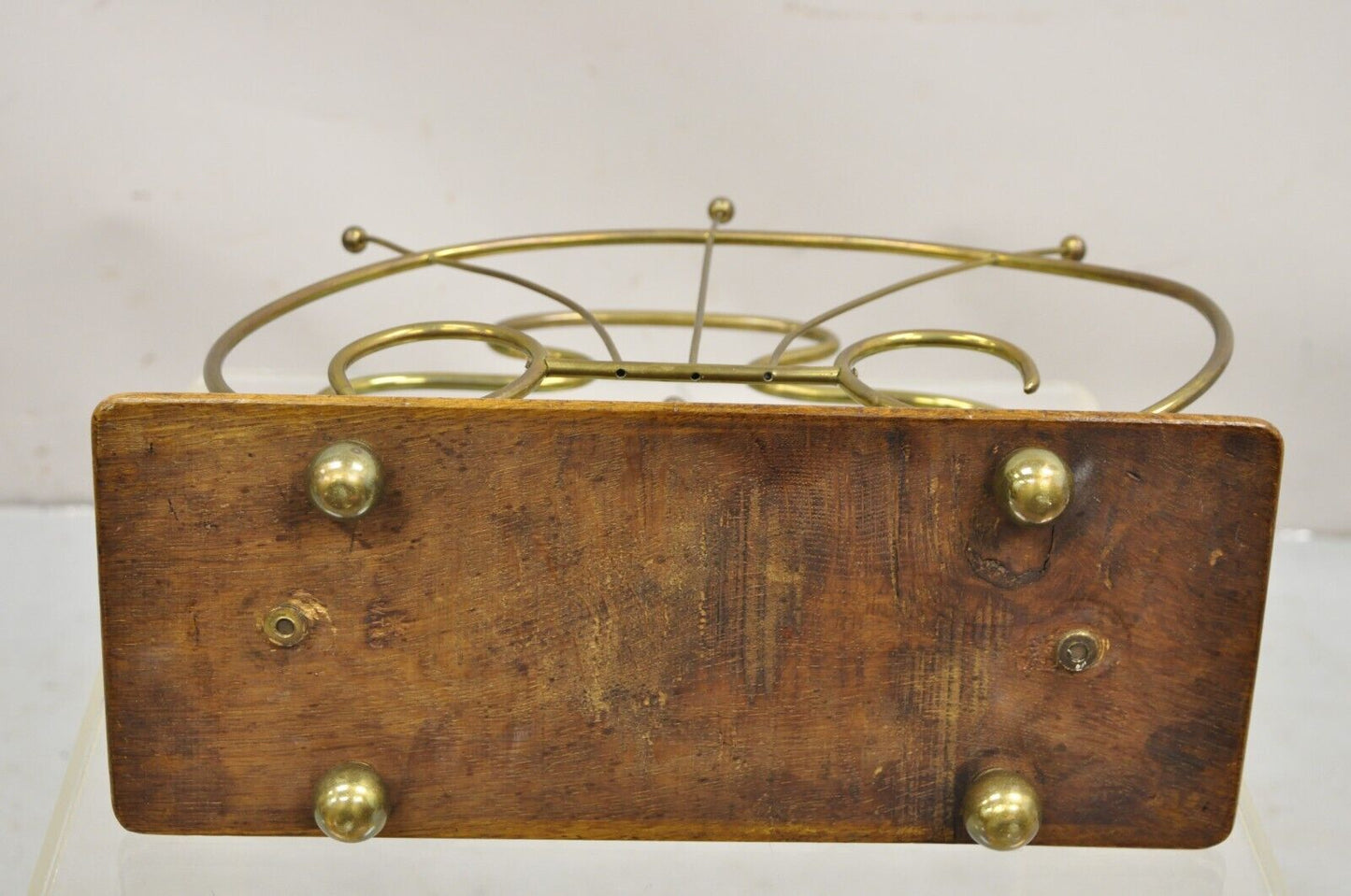 Antique English Victorian Brass and Oak Wood Scrolling Magazine Rack