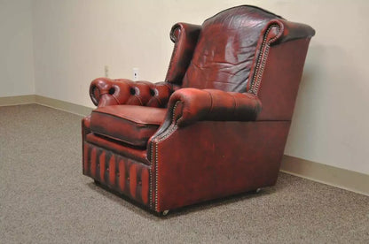 Vintage English Chesterfield Style Rolled Arm Red Leather Club Lounge Chair