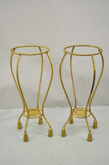 Italian Gold Gilt Iron Rope Tassel Marble Top Tall Pedestal Plant Stand - a Pair