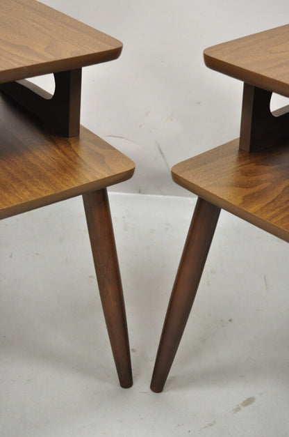 Mid Century Modern Walnut and Laminate Top 2 Tier Step Up End Tables - a Pair