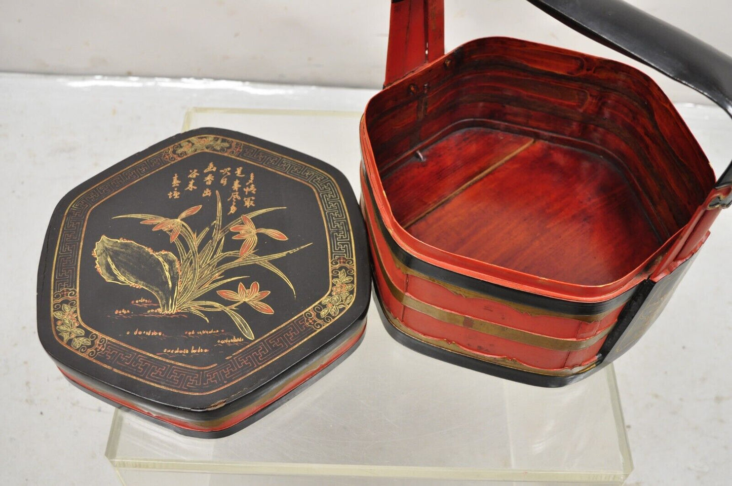 Vintage Chinese Black and Red Lacquer Floral Painted Lidded Wooden Basket Box