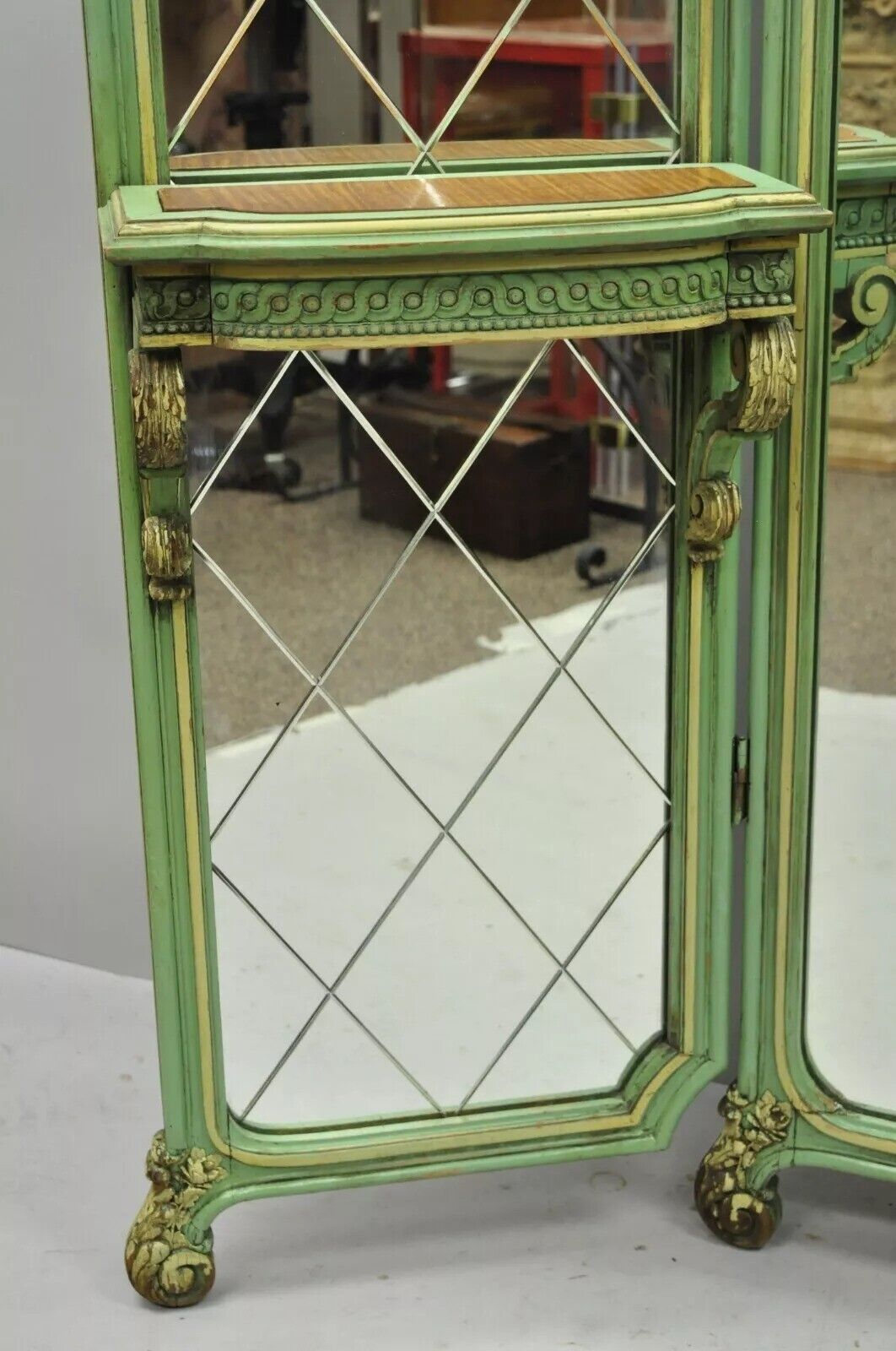 Antique French Louis XV Green Gold 3 Panel Folding Dressing Vanity Screen Mirror