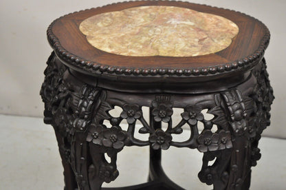 Chinese Carved Hardwood Marble Top Oriental Plant Stand Side Table - a Pair