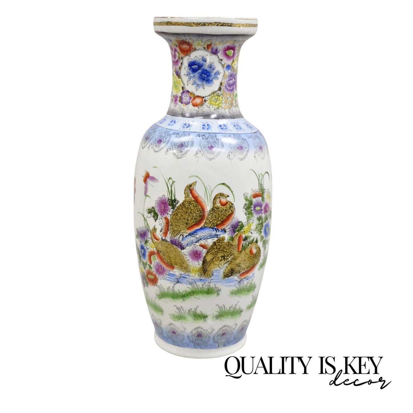 Vintage Chinese Satsuma Style Hand Painted Quail Bird Flower Porcelain Vase