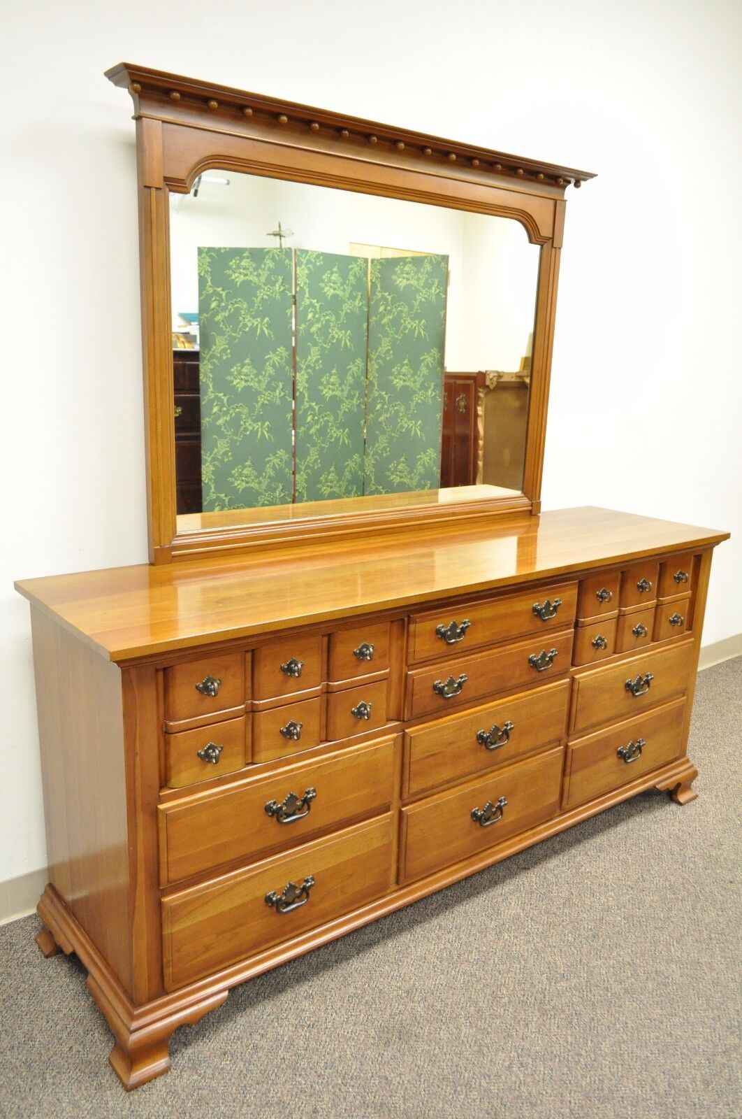 Vintage Monitor American Emblem Colonial Cherry Wood Long Dresser Chest & Mirror